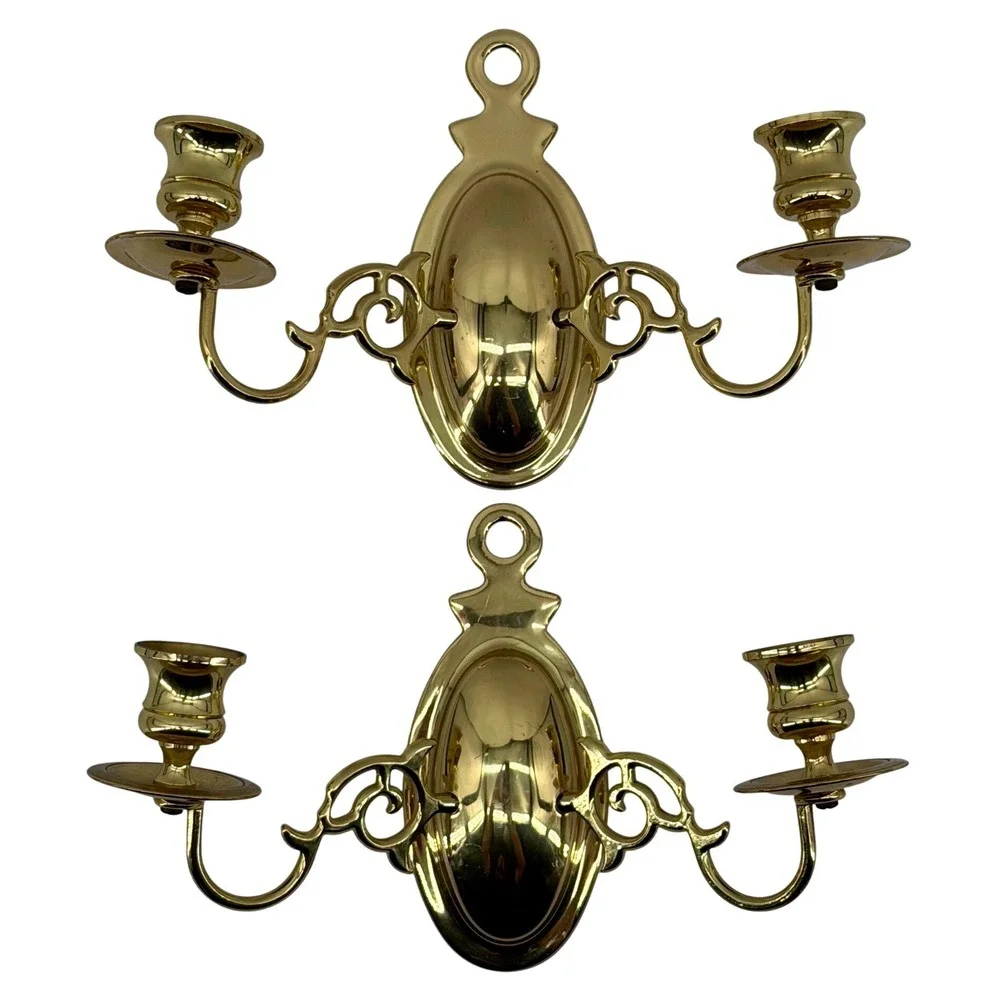 Vintage Solid Polished Brass Double Arm Wall Candle Sconces Pair Colonial Decor‎